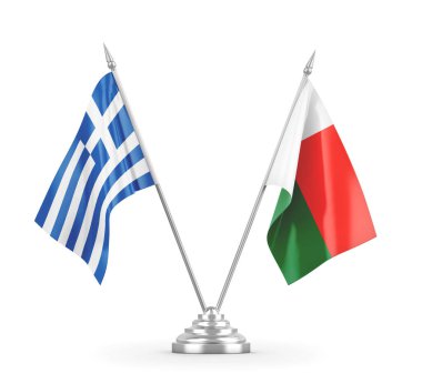 Madagaskar ve Yunanistan masa bayrakları beyaz 3D görüntüleme üzerinde izole edildi
