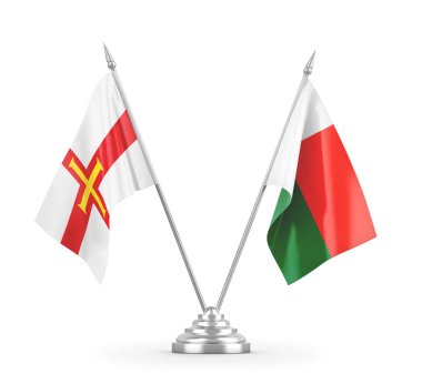 Madagaskar ve Guernsey masa bayrakları beyaz 3D görüntüleme