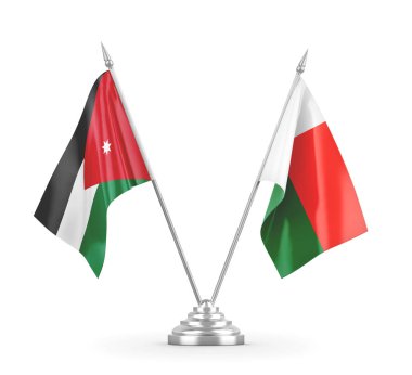 Madagaskar ve Ürdün masa bayrakları beyaz 3D görüntüleme üzerinde izole