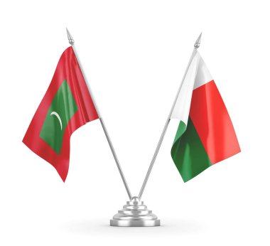 Madagaskar ve Maldivler masa bayrakları beyaz 3D görüntüleme üzerinde izole