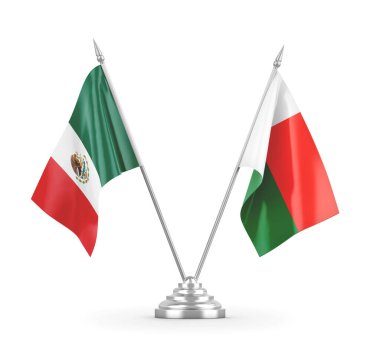 Madagaskar ve Meksika masa bayrakları beyaz 3D görüntüleme üzerinde izole