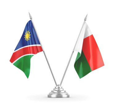 Madagaskar ve Namibya masa bayrakları beyaz 3D görüntüleme üzerinde izole edildi