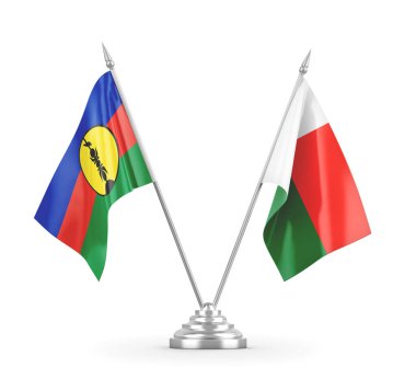 Madagaskar ve Yeni Kaledonya masa bayrakları beyaz 3D görüntüleme üzerinde izole