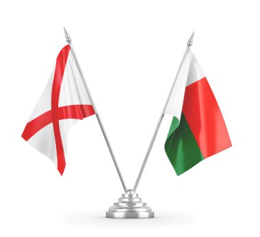 Madagaskar ve Kuzey İrlanda masa bayrakları beyaz 3D görüntüleme üzerinde izole