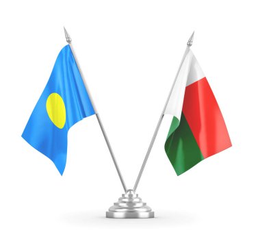 Madagaskar ve Palau masa bayrakları beyaz 3D görüntüleme üzerinde izole