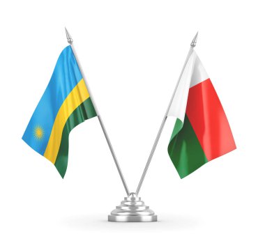 Madagaskar ve Ruanda masa bayrakları beyaz 3D görüntüleme üzerinde izole edildi