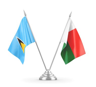 Madagaskar ve Saint Lucia masa bayrakları beyaz 3D görüntüleme üzerinde izole edildi