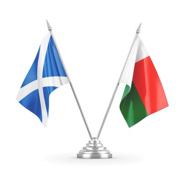 Madagaskar ve İskoçya masa bayrakları beyaz 3D görüntüleme üzerinde izole edildi