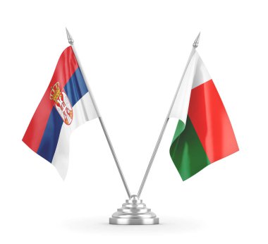 Madagaskar ve Sırbistan bayrakları beyaz 3D rendelemede izole edildi