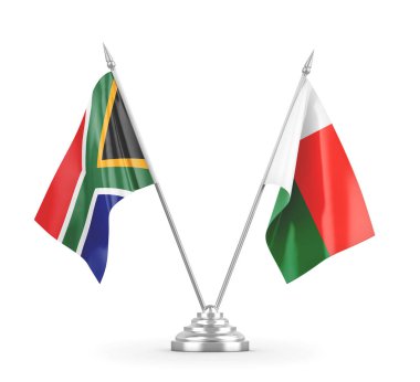 Madagaskar ve Güney Afrika masa bayrakları beyaz 3D görüntüleme üzerinde izole edildi