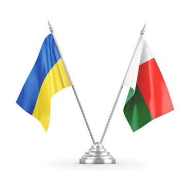 Madagaskar ve Ukrayna masa bayrakları beyaz 3D görüntüleme üzerinde izole edildi