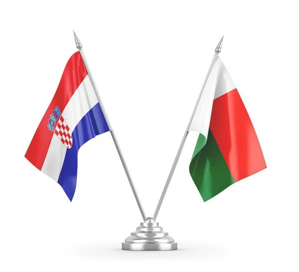 Banderas de mesa Madagascar y Croacia aisladas en renderizado 3D blanco — Foto de Stock