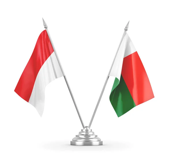 Madagascar and Indonesia table flags isolated on white 3D rendering — Stock Photo, Image