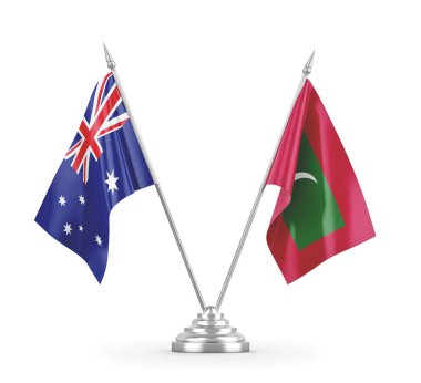 Maldivler ve Avustralya masa bayrakları beyaz 3D görüntüleme üzerinde izole 