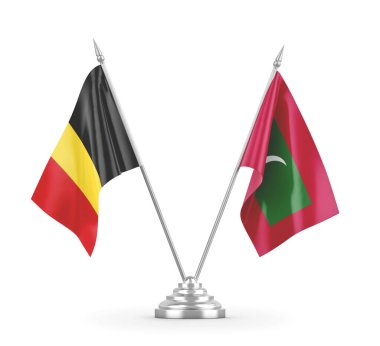 Maldivler ve Belçika masa bayrakları beyaz 3D görüntüleme üzerinde izole 