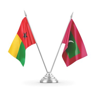 Maldivler ve Gine-Bissau masa bayrakları beyaz 3D görüntüleme üzerinde izole