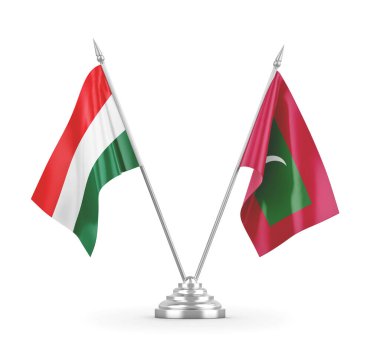 Maldivler ve Macaristan bayrakları beyaz 3D görüntüleme üzerinde izole edildi