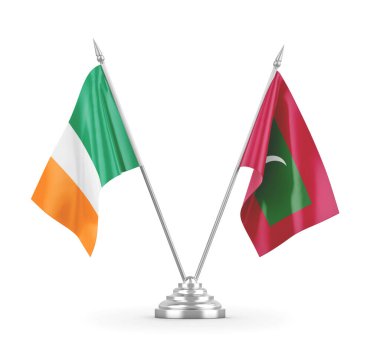 Maldivler ve İrlanda masa bayrakları beyaz 3D görüntüleme üzerinde izole
