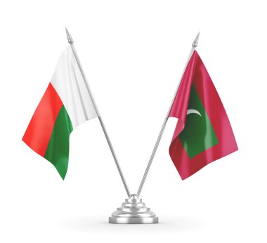 Maldivler ve Madagaskar masa bayrakları beyaz 3D görüntüleme üzerinde izole