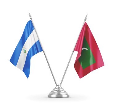 Maldivler ve Nikaragua masa bayrakları beyaz 3D görüntüleme üzerinde izole edildi