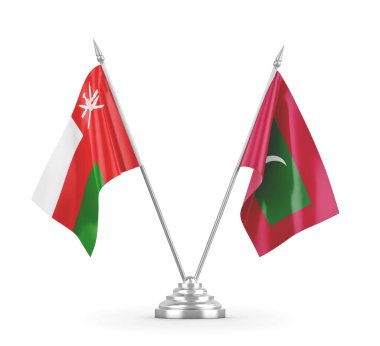 Maldivler ve Umman masa bayrakları beyaz 3D görüntüleme üzerinde izole