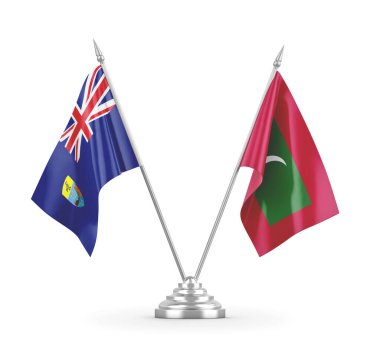 Maldivler ve Saint Helena masa bayrakları beyaz 3D görüntüleme üzerinde izole