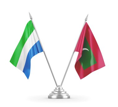 Maldivler ve Sierra Leone masa bayrakları beyaz 3D görüntüleme üzerinde izole