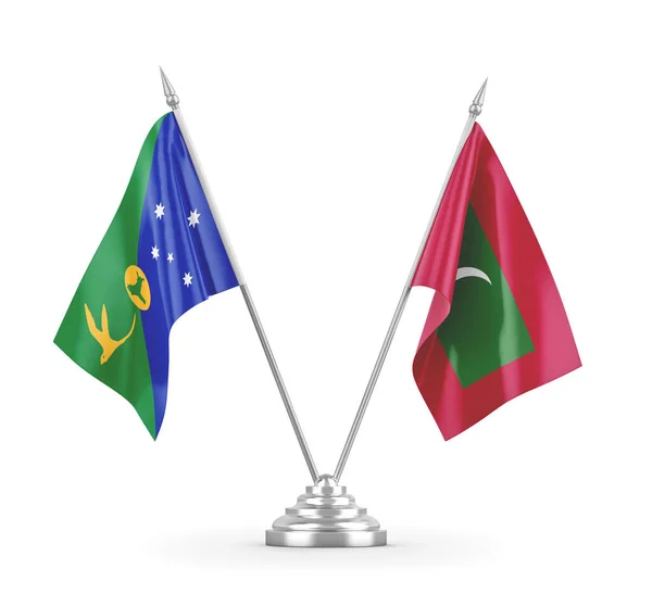 Maldivas y banderas de mesa Christmas Island aisladas en renderizado 3D blanco — Foto de Stock