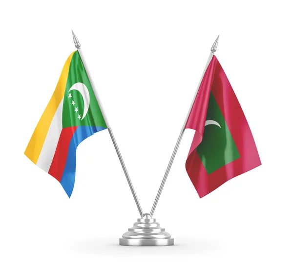 Banderas de mesa Maldivas y Comoras aisladas en renderizado 3D blanco — Foto de Stock