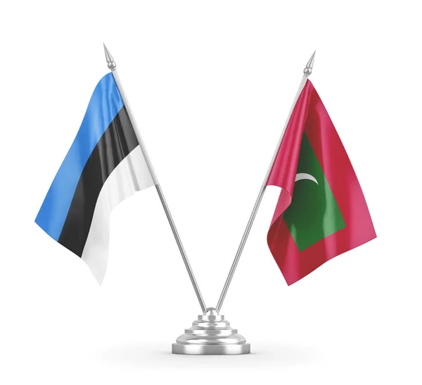 Banderas de mesa Maldivas y Estonia aisladas en renderizado 3D blanco — Foto de Stock