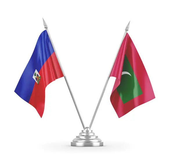 Banderas de mesa Maldivas y Haití aisladas en renderizado 3D blanco — Foto de Stock