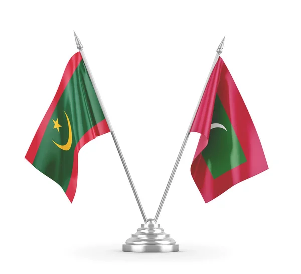 Maldív-szigetek és Mauritánia tábla zászlók elszigetelt fehér 3D renderelés — Stock Fotó