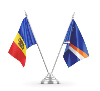 Marshall Adaları ve Moldova masa bayrakları beyaz 3D görüntüleme üzerinde izole edildi
