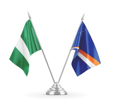 Marshall Adaları ve Nijerya masa bayrakları beyaz 3D görüntüleme üzerinde izole