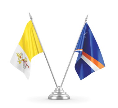 Marshall Adaları ve Vatikan masa bayrakları beyaz 3D görüntüleme üzerinde izole