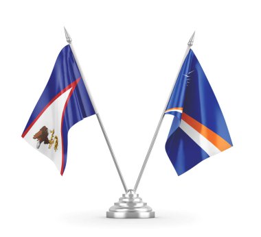 Marshall Adaları ve Amerikan Samoa masa bayrakları beyaz 3D görüntüleme üzerinde izole