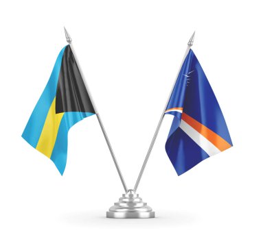 Marshall Adaları ve Bahamalar masa bayrakları beyaz 3D görüntüleme üzerinde izole