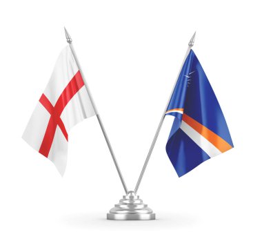 Marshall Adaları ve İngiltere masa bayrakları beyaz 3D görüntüleme üzerinde izole