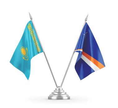 Marshall Adaları ve Kazakistan masa bayrakları beyaz 3D görüntüleme üzerinde izole