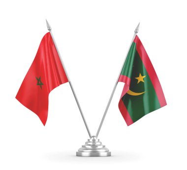 Moritanya ve Fas masa bayrakları beyaz 3D görüntüleme üzerinde izole edildi