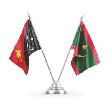 Moritanya ve Papua Yeni Gine masa bayrakları beyaz 3D görüntüleme üzerinde izole edildi