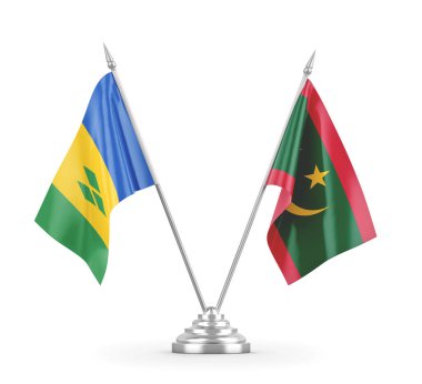 Moritanya, Saint Vincent ve Grenadine masa bayrakları beyaz üzerine izole edilmiş.