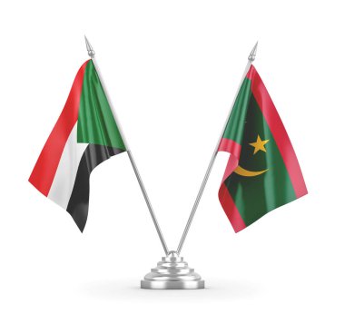 Moritanya ve Sudan masa bayrakları beyaz 3D görüntüleme üzerinde izole edildi