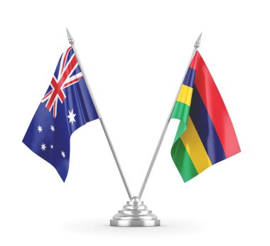 Mauritius ve Avustralya masa bayrakları beyaz 3D görüntüleme üzerinde izole edildi