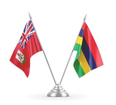 Mauritius ve Bermuda masa bayrakları beyaz 3D görüntüleme üzerinde izole edildi
