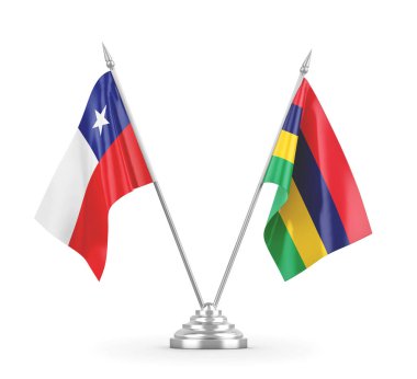 Mauritius ve Şili masa bayrakları beyaz 3D görüntüleme üzerinde izole edildi