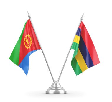 Mauritius ve Eritre masa bayrakları beyaz 3D görüntüleme üzerinde izole edildi