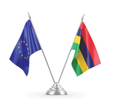 Mauritius ve Avrupa Birliği bayrakları beyaz 3D görüntüleme üzerinde izole edildi