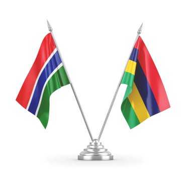 Mauritius ve Gambiya masa bayrakları beyaz 3D görüntüleme üzerinde izole edildi