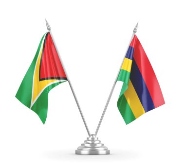 Mauritius ve Guyana masa bayrakları beyaz 3D görüntüleme üzerinde izole edildi